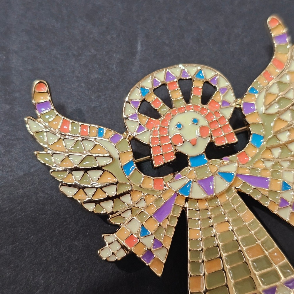 Angel Fairy Brooch Pin Green Enamel Stained Glass Mosaic Style Gold Tone Cottage - Picture 4 of 5
